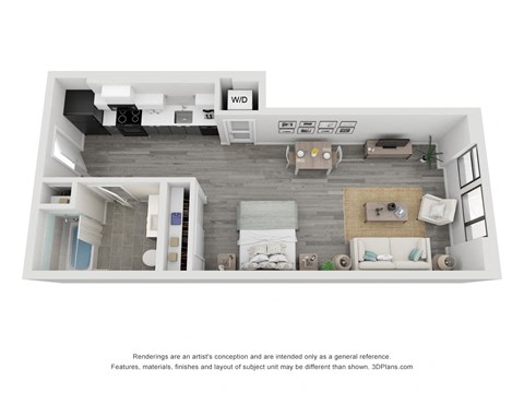Floor plan for studio, 1 bath, 595 sqft